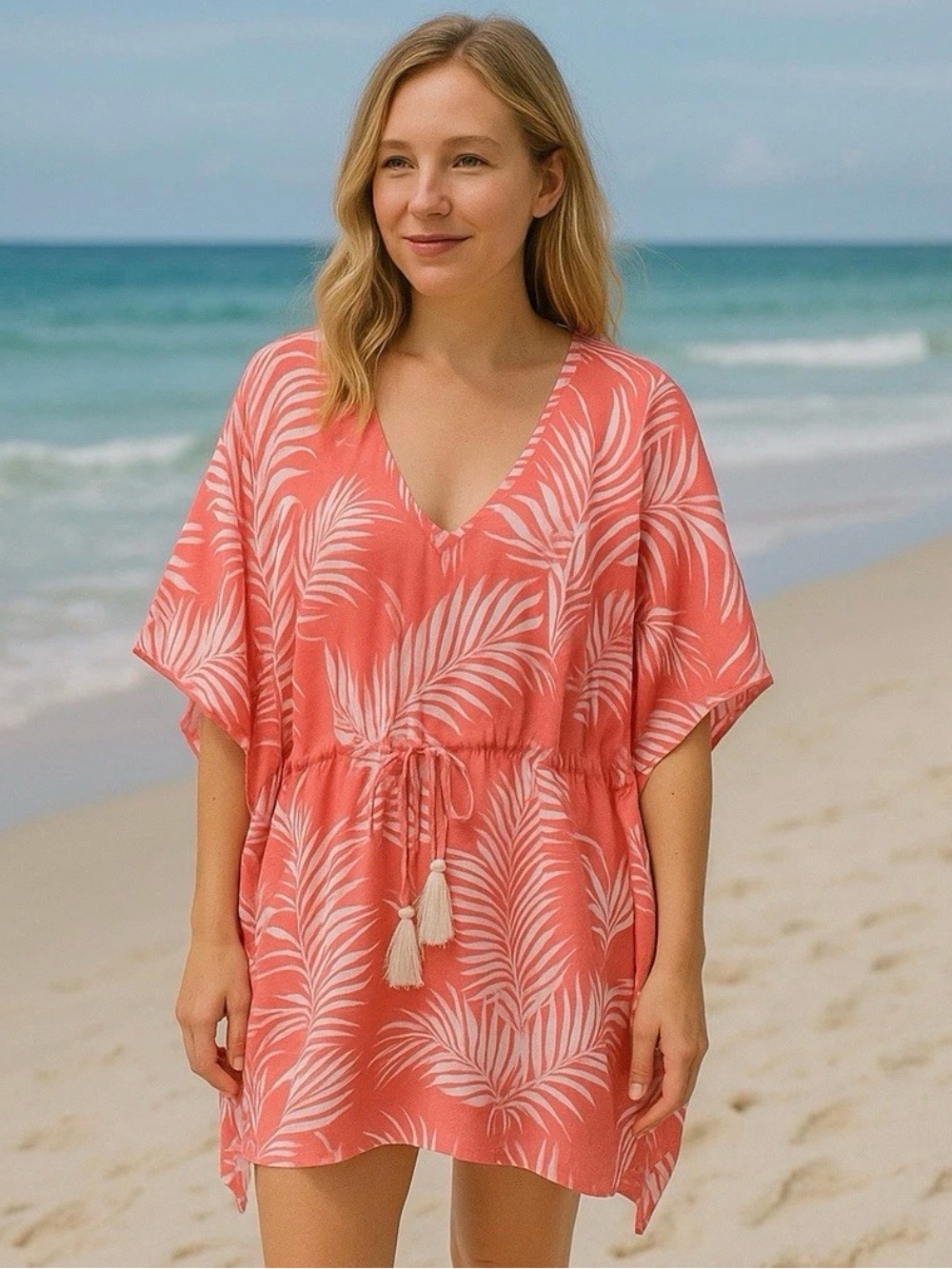 Cleobella "Dreamy Sunset" Kaftan Swim Cover-up Coral Palm Beach Tunic EUC One Sz